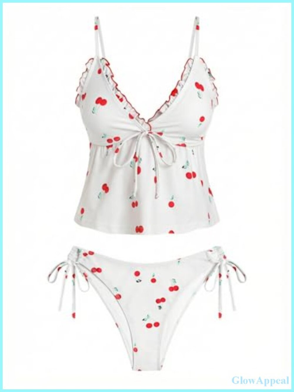 Tummy Control Tankini Set V Neck Ruffle Trim Tie Side Two Piece Bathing Suit
